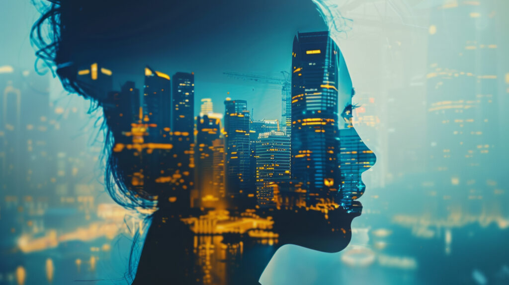 silhouette of a woman imposed over a city skyline