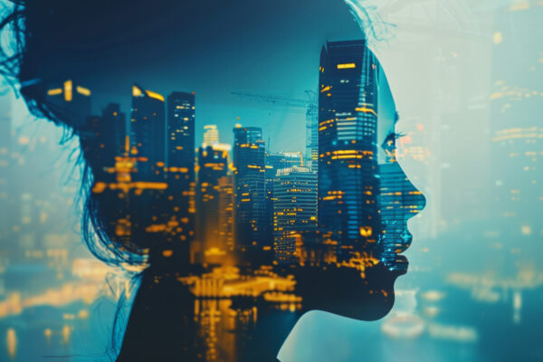silhouette of a woman imposed over a city skyline